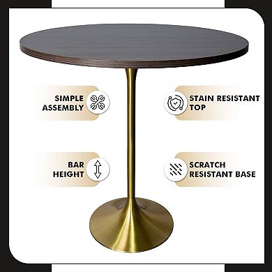 LeisureMod Verve 36" Bar Height Dining Table with MDF Round Top in Gold Steel, Light Natural Wood