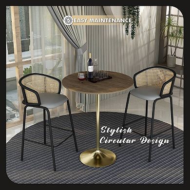 LeisureMod Verve 36" Bar Height Dining Table with MDF Round Top in Gold Steel, Light Natural Wood