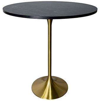 LeisureMod Verve 36" Bar Height Dining Table with MDF Round Top in Gold Steel, Light Natural Wood