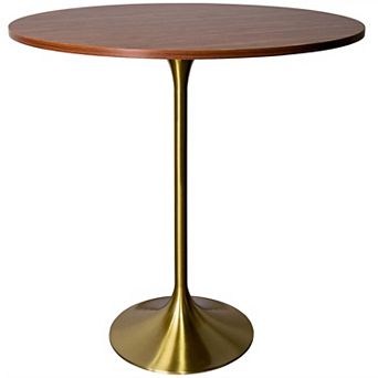 LeisureMod Verve 36" Bar Height Dining Table with MDF Round Top in Gold Steel, Light Natural Wood