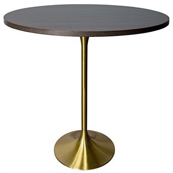 LeisureMod Verve 36" Bar Height Dining Table with MDF Round Top in Gold Steel, Light Natural Wood