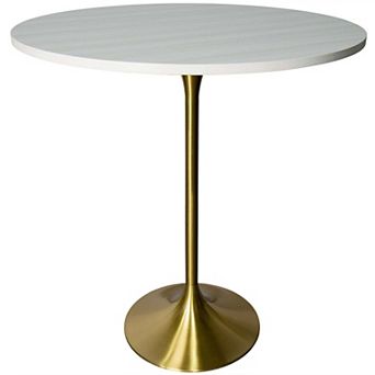LeisureMod Verve 36" Bar Height Dining Table with MDF Round Top in Gold Steel, Light Natural Wood