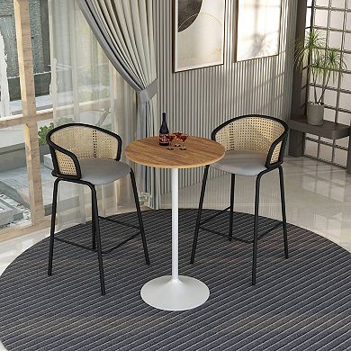LeisureMod Verve 27' Bar Height Dining Table with MDF Round Top in White Steel, Cognac Brown