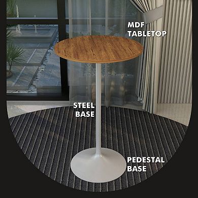 LeisureMod Verve 27' Bar Height Dining Table with MDF Round Top in White Steel, Cognac Brown