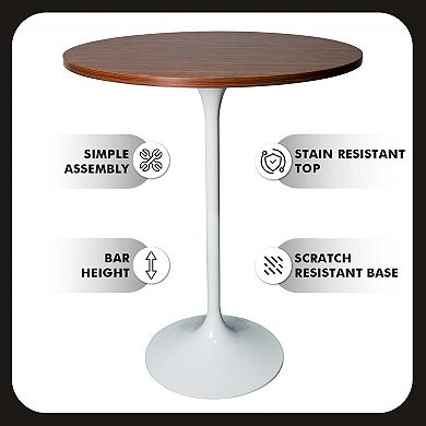 LeisureMod Verve 27' Bar Height Dining Table with MDF Round Top in White Steel, Cognac Brown
