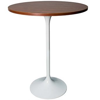 LeisureMod Verve 27' Bar Height Dining Table with MDF Round Top in White Steel, Cognac Brown