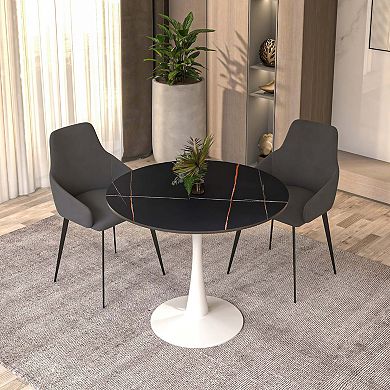 LeisureMod Round Dining Table 31" Sintered Stone Tabletop in White Steel Bistro Series