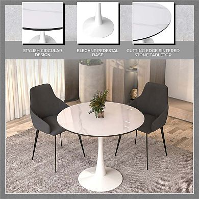 LeisureMod Round Dining Table 31" Sintered Stone Tabletop in White Steel Bistro Series