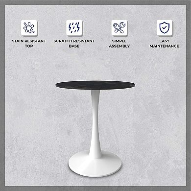 LeisureMod Round Dining Table 31" Sintered Stone Tabletop in White Steel Bistro Series