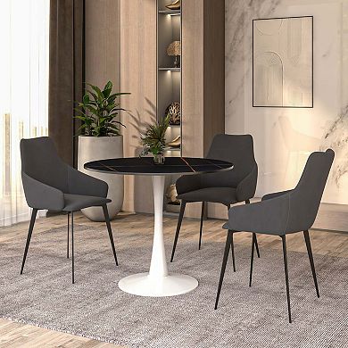 LeisureMod Round Dining Table 31" Sintered Stone Tabletop in White Steel Bistro Series