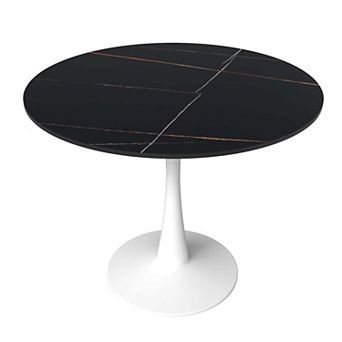LeisureMod Round Dining Table 31" Sintered Stone Tabletop in White Steel Bistro Series