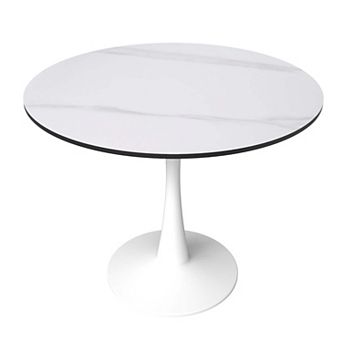 LeisureMod Round Dining Table 31" Sintered Stone Tabletop in White Steel Bistro Series