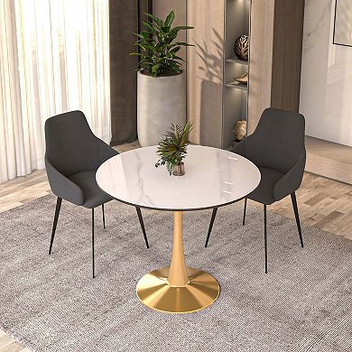LeisureMod Round Dining Table 35" Sintered Stone Tabletop in Gold Steel Bistro Series
