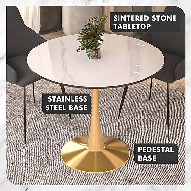 LeisureMod Round Dining Table 35" Sintered Stone Tabletop in Gold Steel Bistro Series