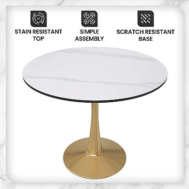 LeisureMod Round Dining Table 35" Sintered Stone Tabletop in Gold Steel Bistro Series