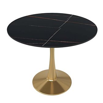 LeisureMod Round Dining Table 35" Sintered Stone Tabletop in Gold Steel Bistro Series