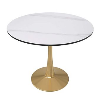 LeisureMod Round Dining Table 35" Sintered Stone Tabletop in Gold Steel Bistro Series