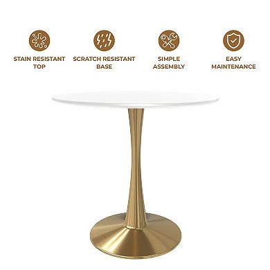 LeisureMod Round Dining Table 24" MDF Wood Tabletop in Gold Steel Bistro Series