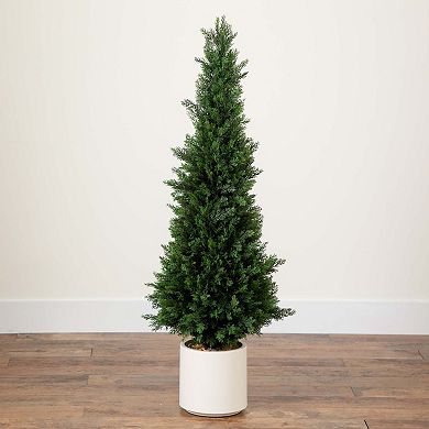 Nearly Natural 4ft. UV Resistant Artificial Cedar Tree in Decorative White Planter