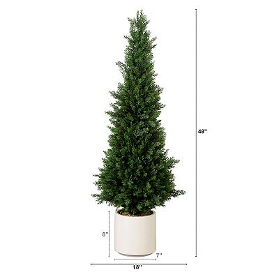 Nearly Natural 4ft. UV Resistant Artificial Cedar Tree in Decorative White Planter