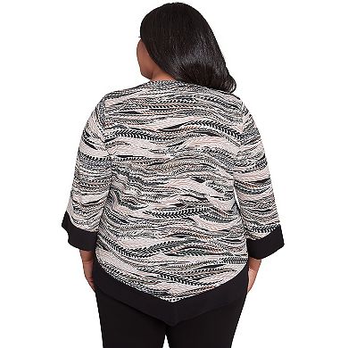 Plus Size Alfred Dunner Abstract Feather Solid Trim Top with Necklace