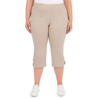 Hearts Of Palm Plus Size Essentials Solid Pull-on Capri Pants With Detailed Split Hem