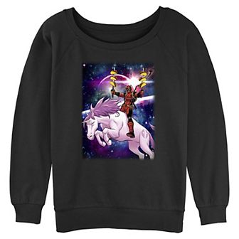 Juniors' Marvel Deadpool Pink Unicorn Ride Graphic Pullover