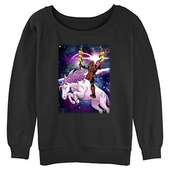Juniors' Marvel Deadpool Pink Unicorn Ride Graphic Pullover