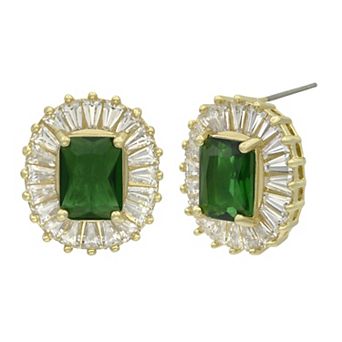 City Luxe Gold Tone Green & Clear Crystal Halo Stud Earrings