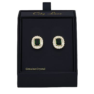 City Luxe Gold Tone Green & Clear Crystal Halo Stud Earrings