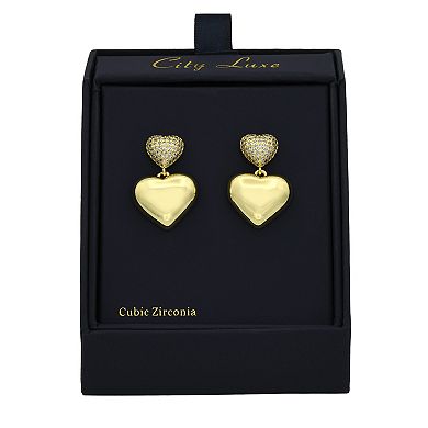 City Luxe Gold Tone Cubic Zirconia Heart Double Drop Earrings