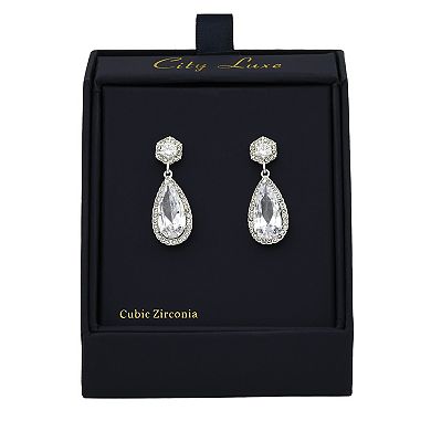 City Luxe Silver Tone Cubic Zirconia Pear Drop Earrings