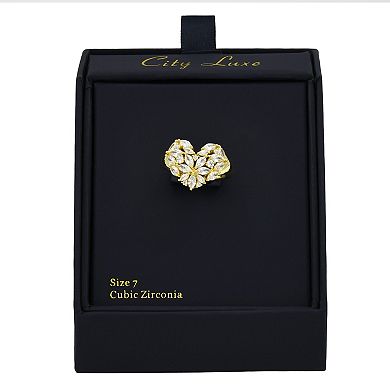 City Luxe Gold Tone Cubic Zirconia Flower Heart Signet Ring