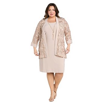 Plus Size R&M Richards 2 pc Embroidered Sequin Cut Out Jacket & Solid Tank Dress