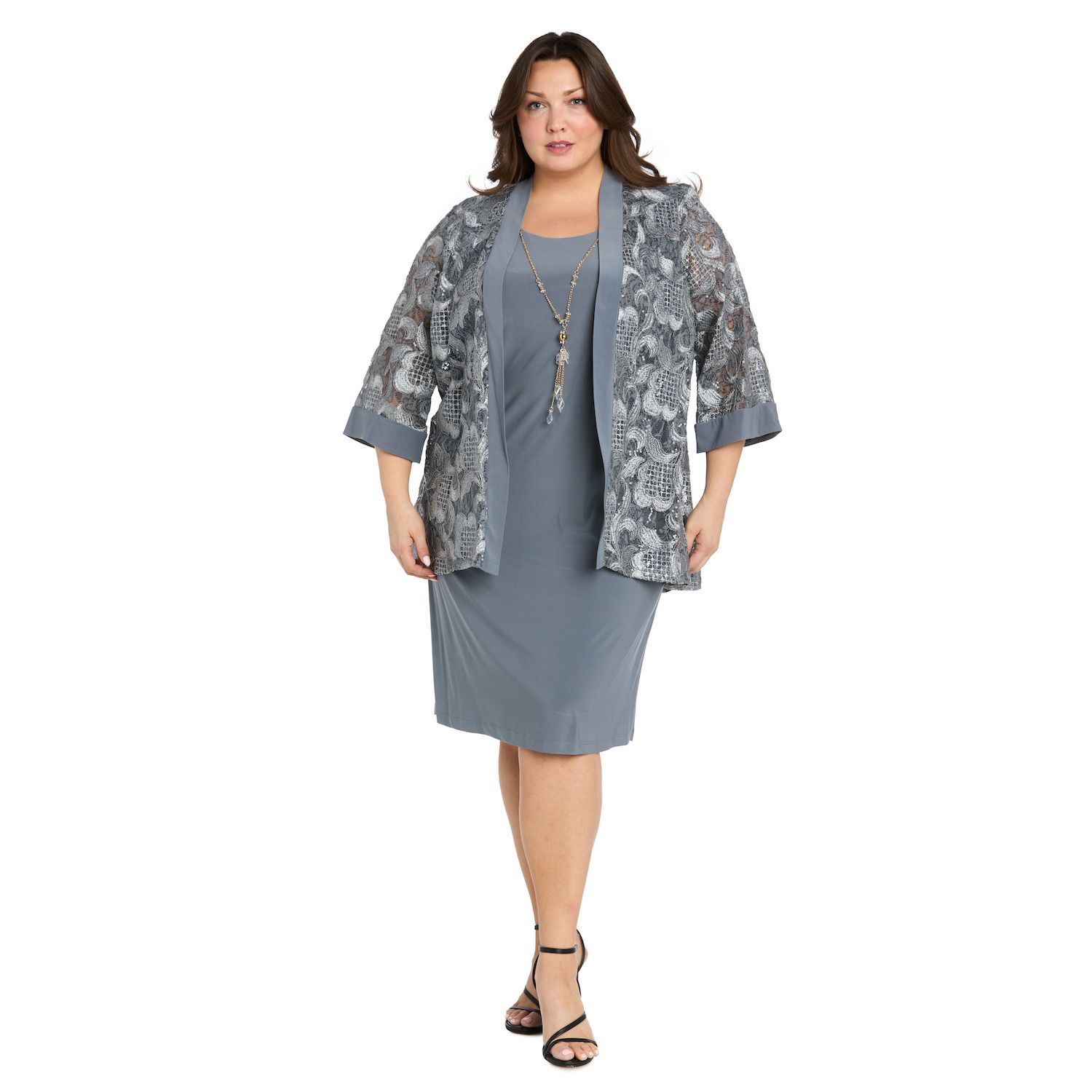 Женские платья R&M Richards Plus Size R&M Richards 2 pc Embroidered Sequin Cut Out Jacket & Solid Tank Dress