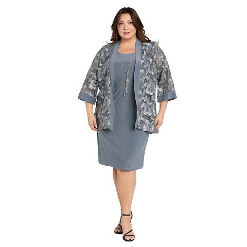 Женские платья R&M Plus Size R&M Richards 2 pc Embroidered Sequin Cut Out Jacket & Solid Tank Dress