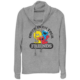 Women's PBS Kids Sesame Street Elmo, Big Bird & Cookie Monster Check In On Your Friends Cowlneck Graphic Lightweight Long Sleeve