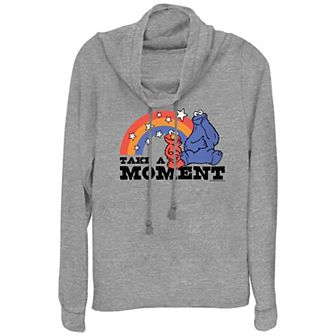 Women's PBS Kids Sesame Street Elmo And Cookie Monster Take A Moment Cowlneck Graphic Lightweight Long Sleeve