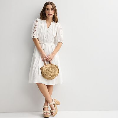 knee length dresses for ladies White Eyelet Off Shoulder Midi Dress | Romantic Puff Sleeve Bardot Summer  Dress | Women's Cotton Lace Vacation & Party Gown main image 0