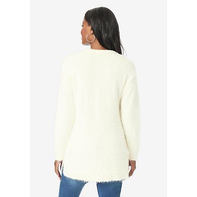 Roaman's Women's Plus Size Eyelash V Neck Sweater