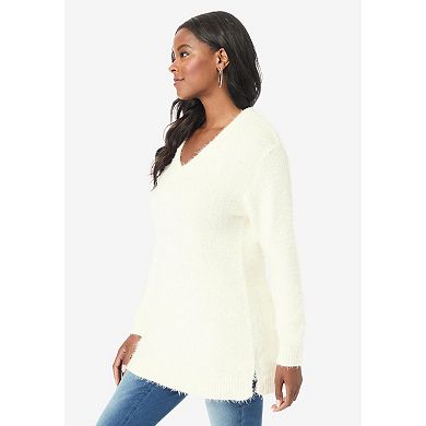 Roaman's Women's Plus Size Eyelash V Neck Sweater