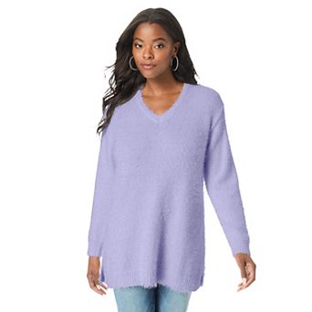 Roaman's Women's Plus Size Eyelash V Neck Sweater