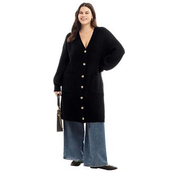 June + Vie Women's Plus Size Midi-Length Button-Down Cardigan