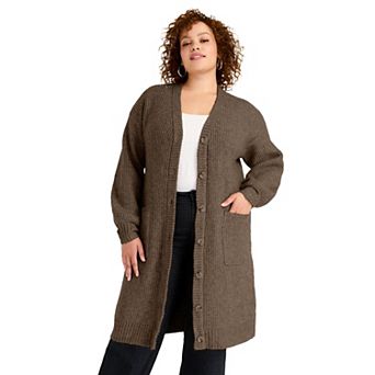 June + Vie Women's Plus Size Midi-Length Button-Down Cardigan