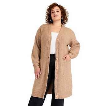 June + Vie Women's Plus Size Midi-Length Button-Down Cardigan