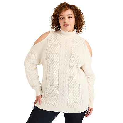 June Vie Women's Plus Size Cold-Shoulder Cable-Knit Turtleneck