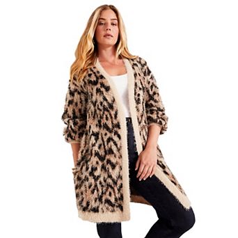 June & Vie Women's Plus Size Leopard-Print Eyelash Cardigan