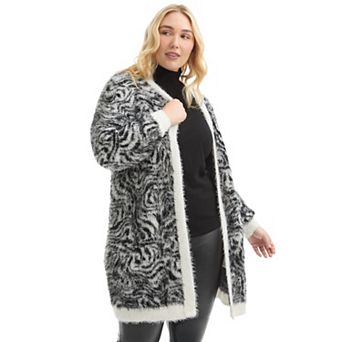 June & Vie Women's Plus Size Leopard-Print Eyelash Cardigan