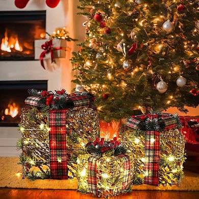 LuxenHome 3-piece Artificial Branches Giftbox Holiday Decoration Set With Lights