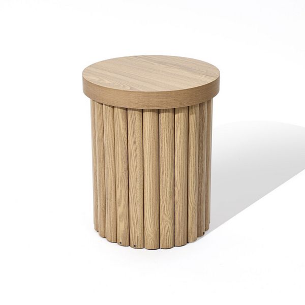 LuxenHome Wood Fluted Round Side Table Mid Century Modern Small